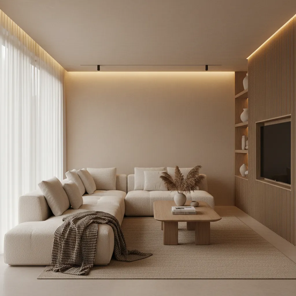 Sala de estar con minimalismo cálido en tonos beige y madera natural