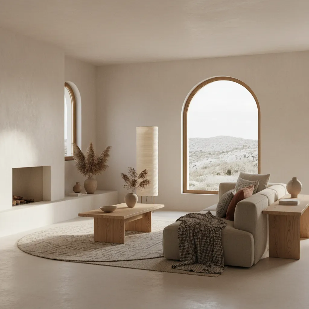 Salón con minimalismo cálido y materiales naturales
