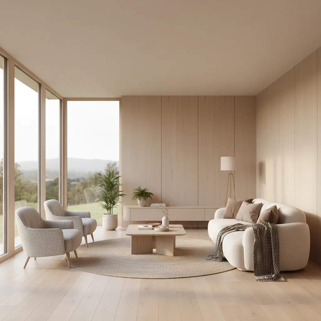 Minimalist living room with beige sofa grey armchairs wood wall panels round rug floor lamp