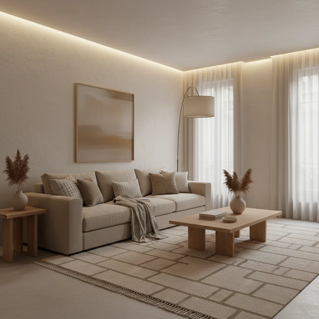 Interior minimalista cálido con madera clara y textiles neutros