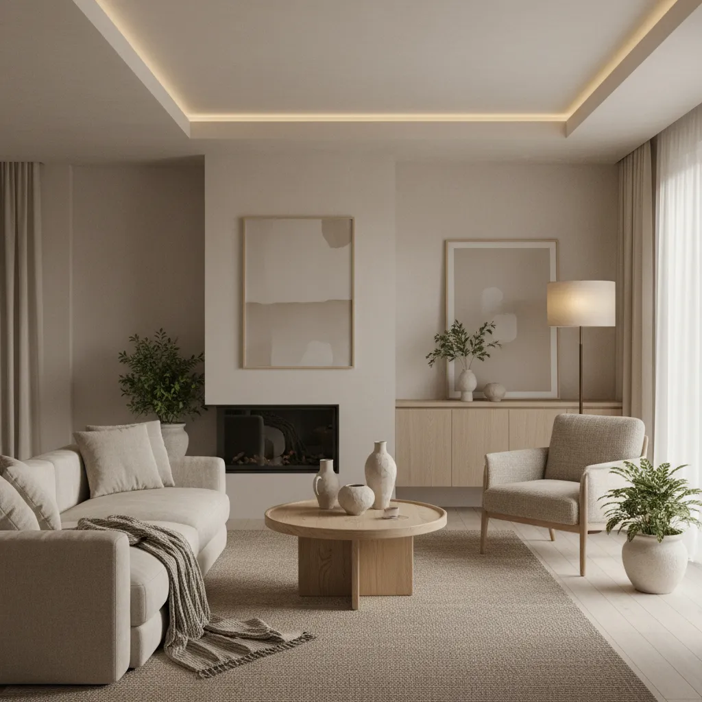 Warm minimalist living room featuring beige sofa wooden coffee table armchair fireplace and green plants