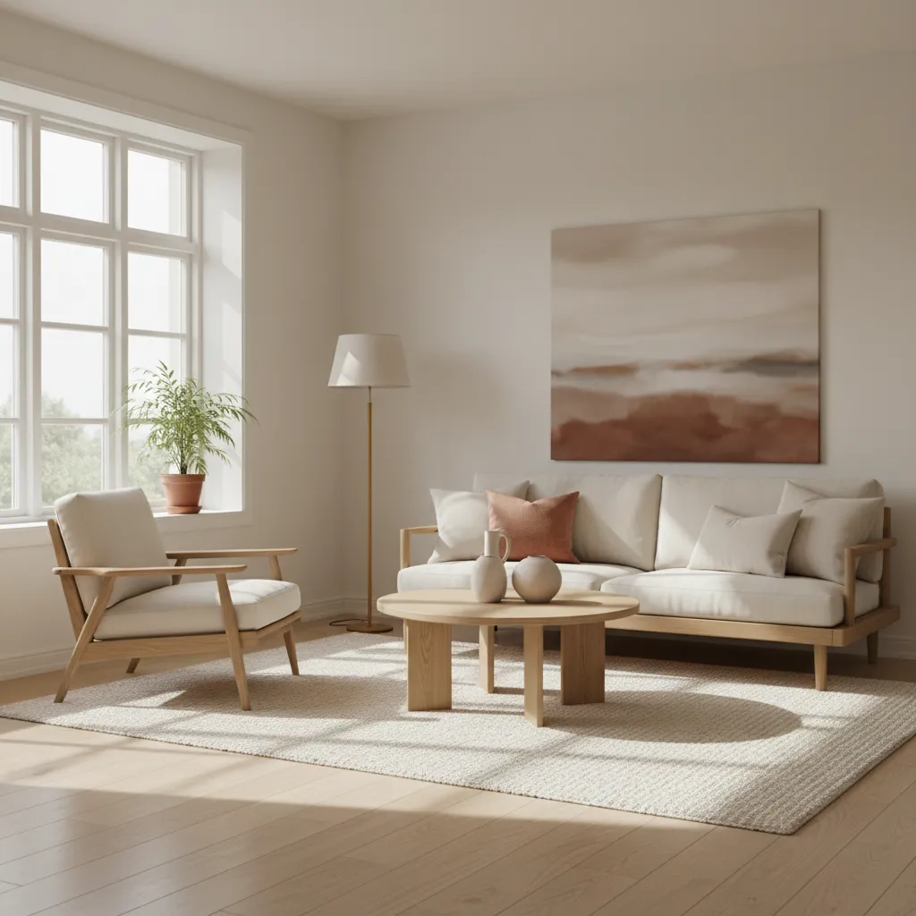 Interior de salón con estilo minimalismo cálido y madera clara