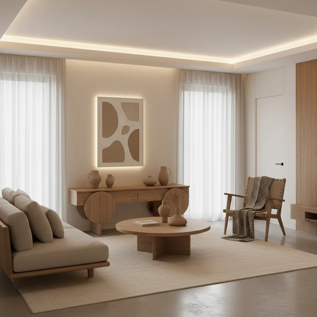 Interior minimalista cálido con madera y iluminación indirecta