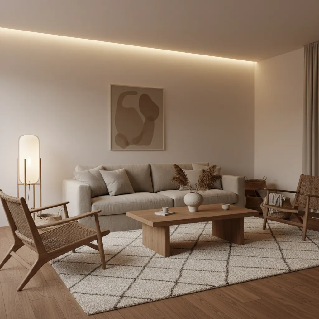 Salón con estilo minimalista cálido con madera y tonos neutros