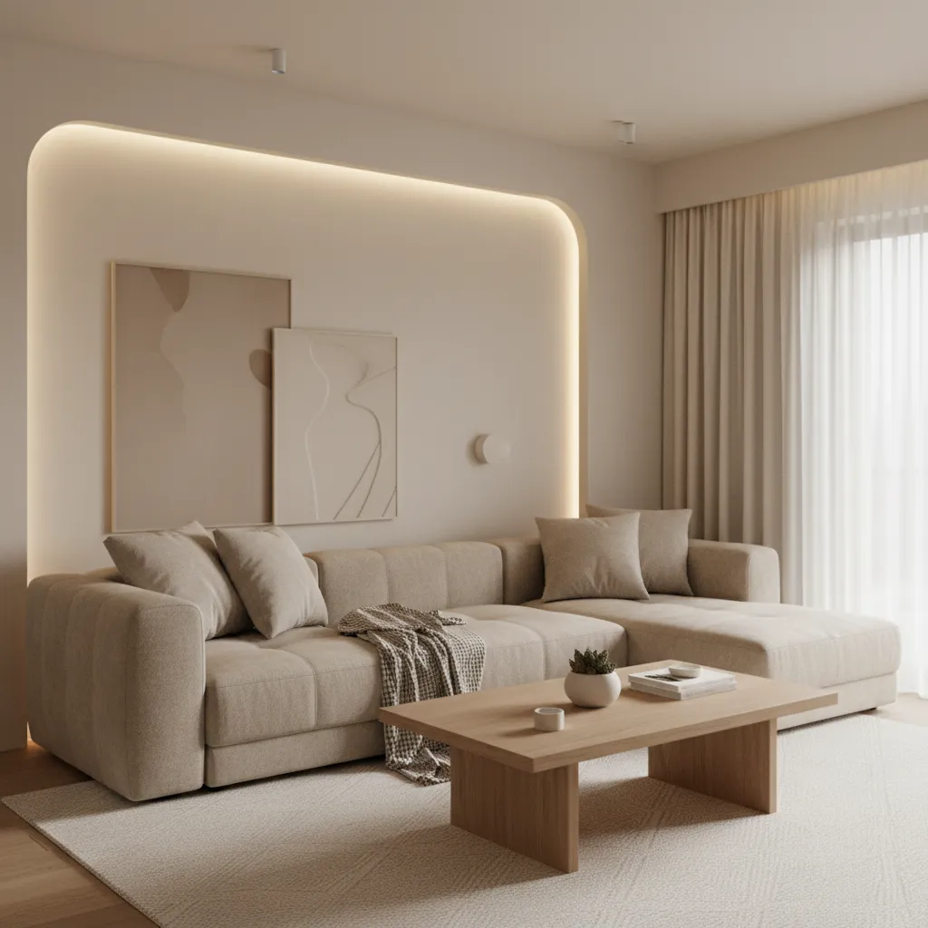 Salón minimalista cálido con tonos beige y muebles simples