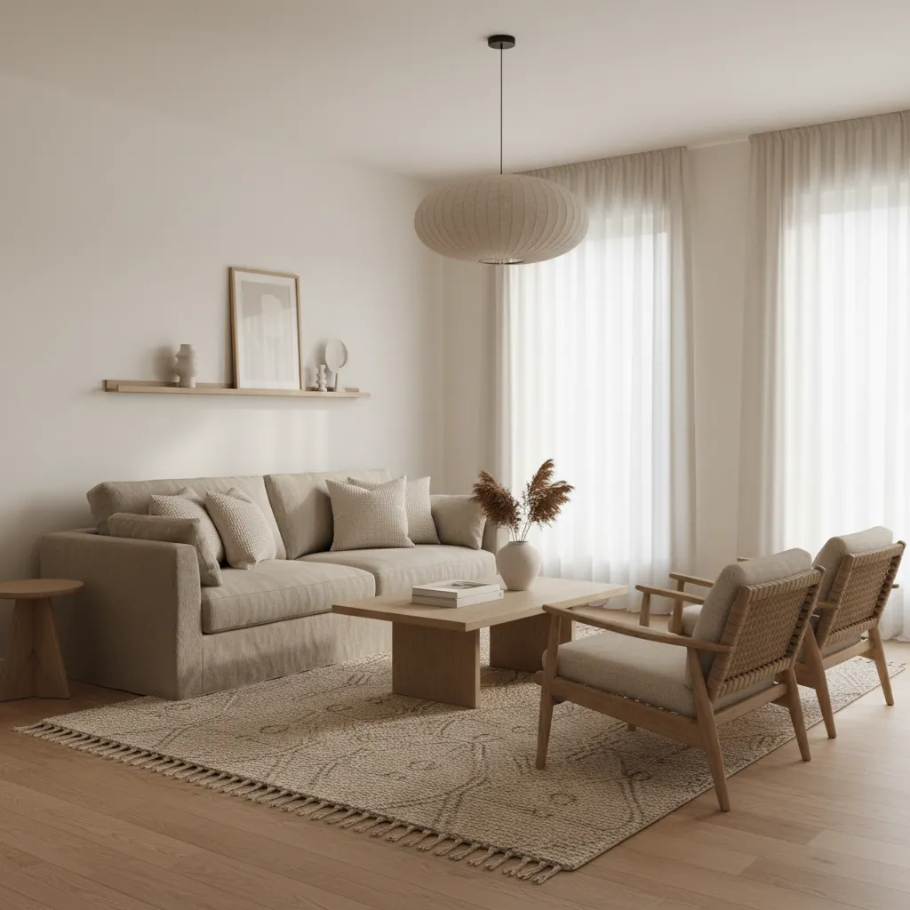 Salón de estilo minimalismo cálido con madera clara y textiles naturales