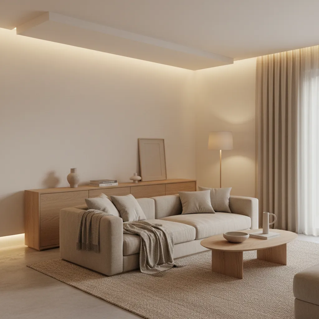 Salón de estilo minimalista cálido con madera clara