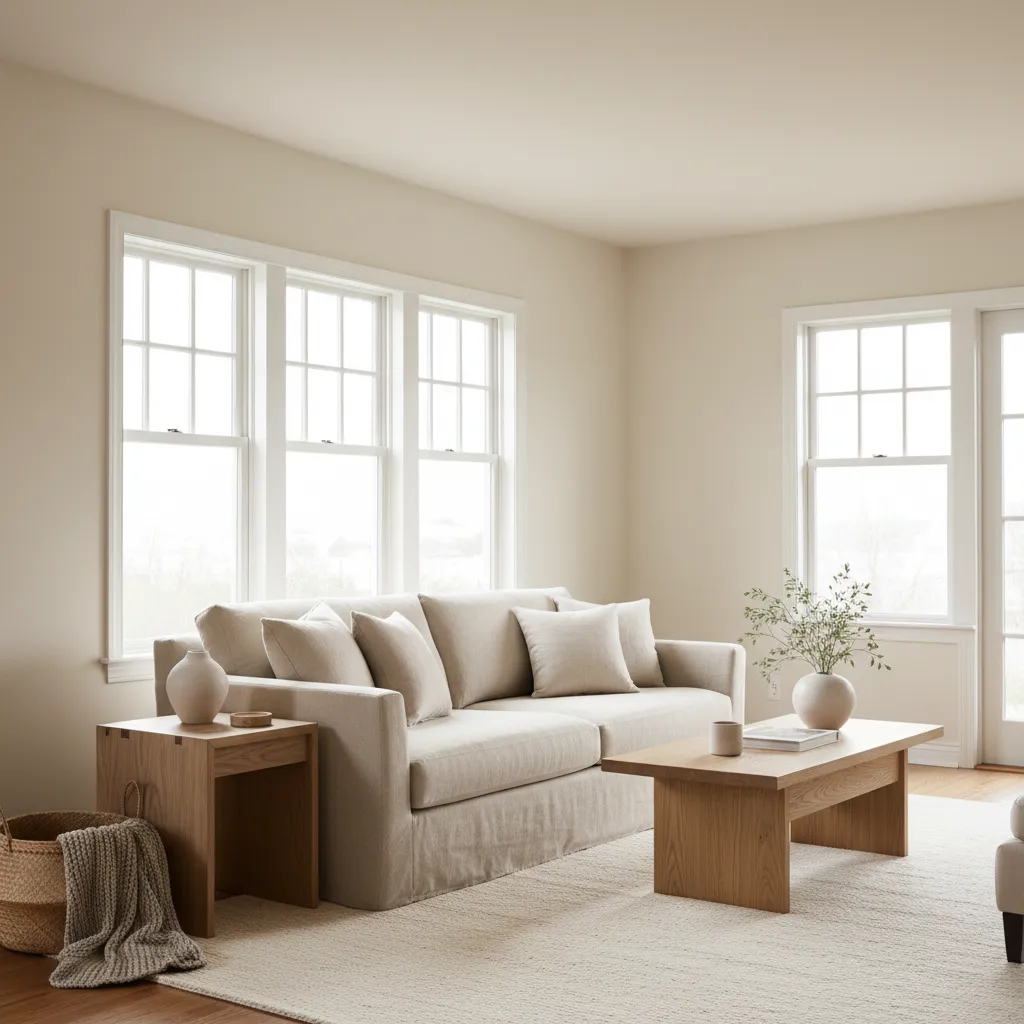 Salón de estilo minimalista cálido con tonos beige y madera clara