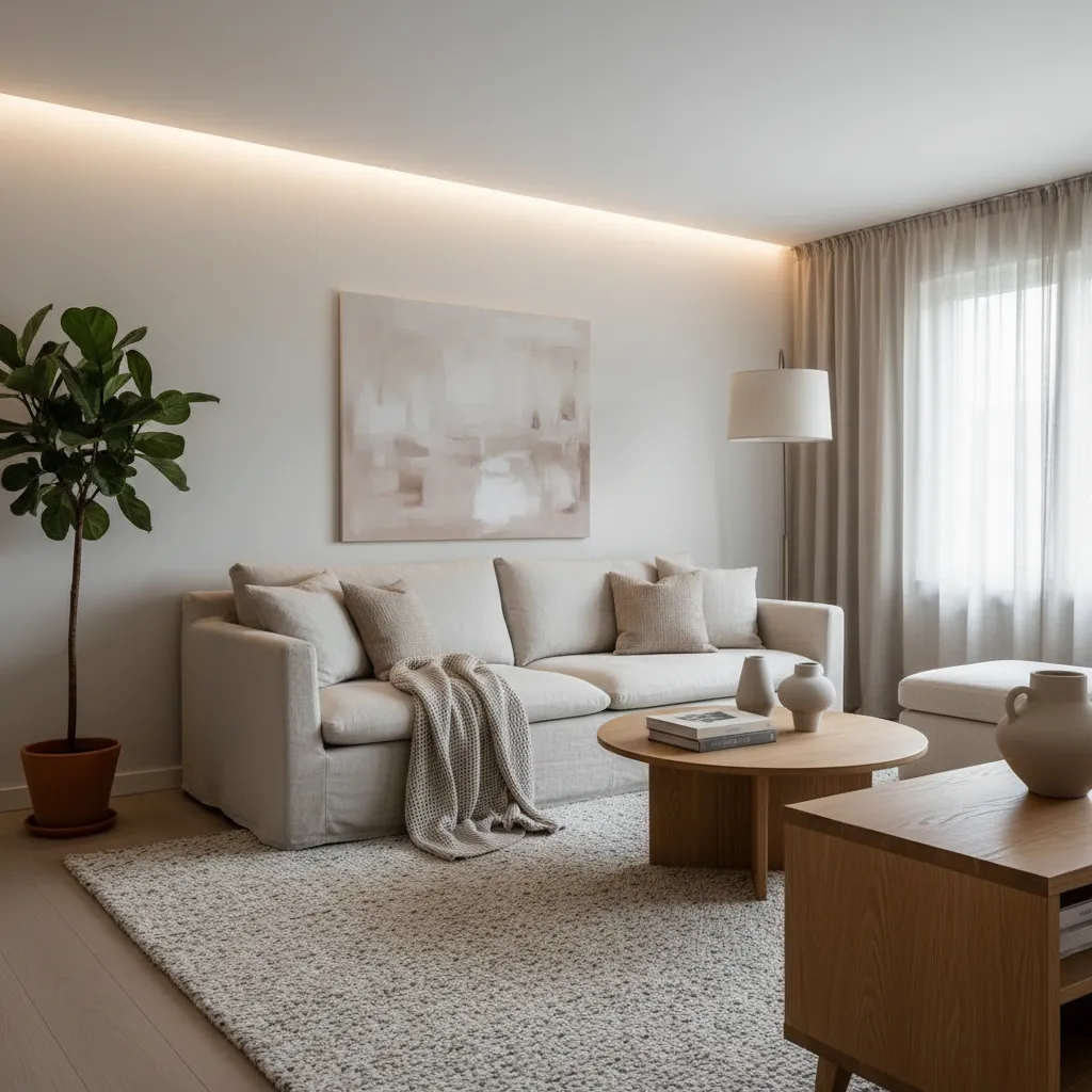 salón minimalista cálido con madera natural y tonos neutros