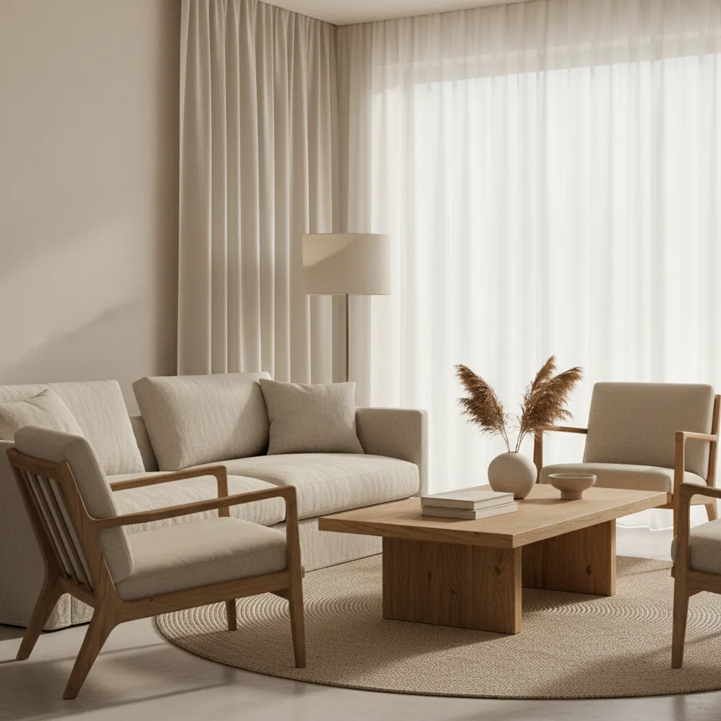 Salón con estilo minimalismo cálido con madera y tonos neutros