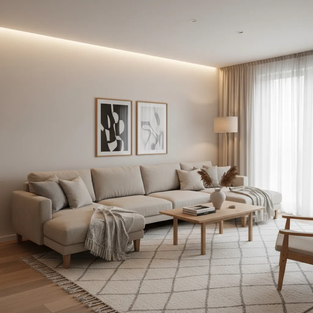 Salón minimalista cálido con madera clara y tonos neutros