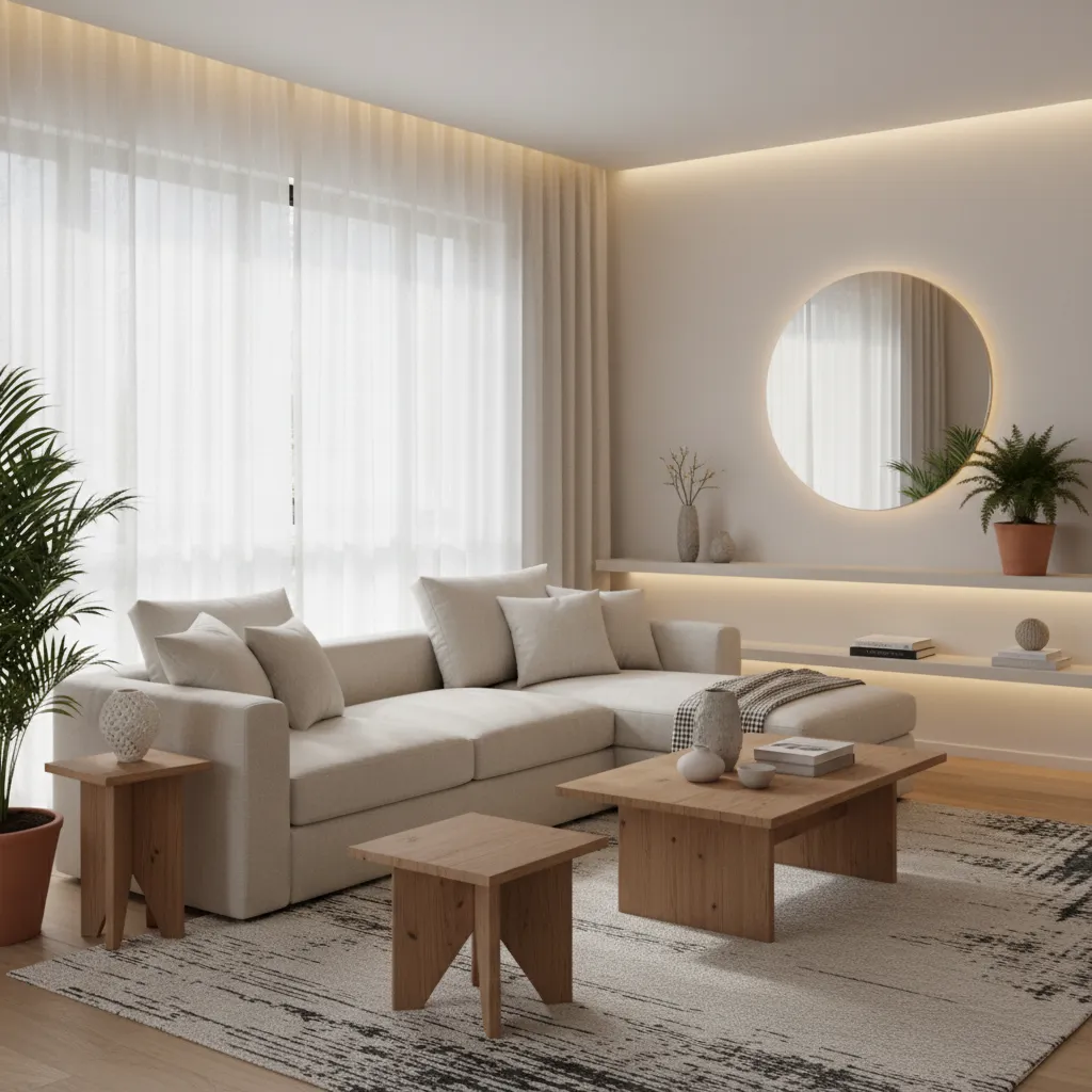 Salón con minimalismo cálido, madera clara y textiles naturales