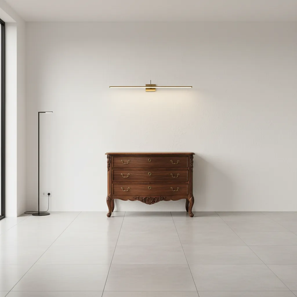Minimalist white room with vintage wood cabinet long gold wall light floor lamp and tiles