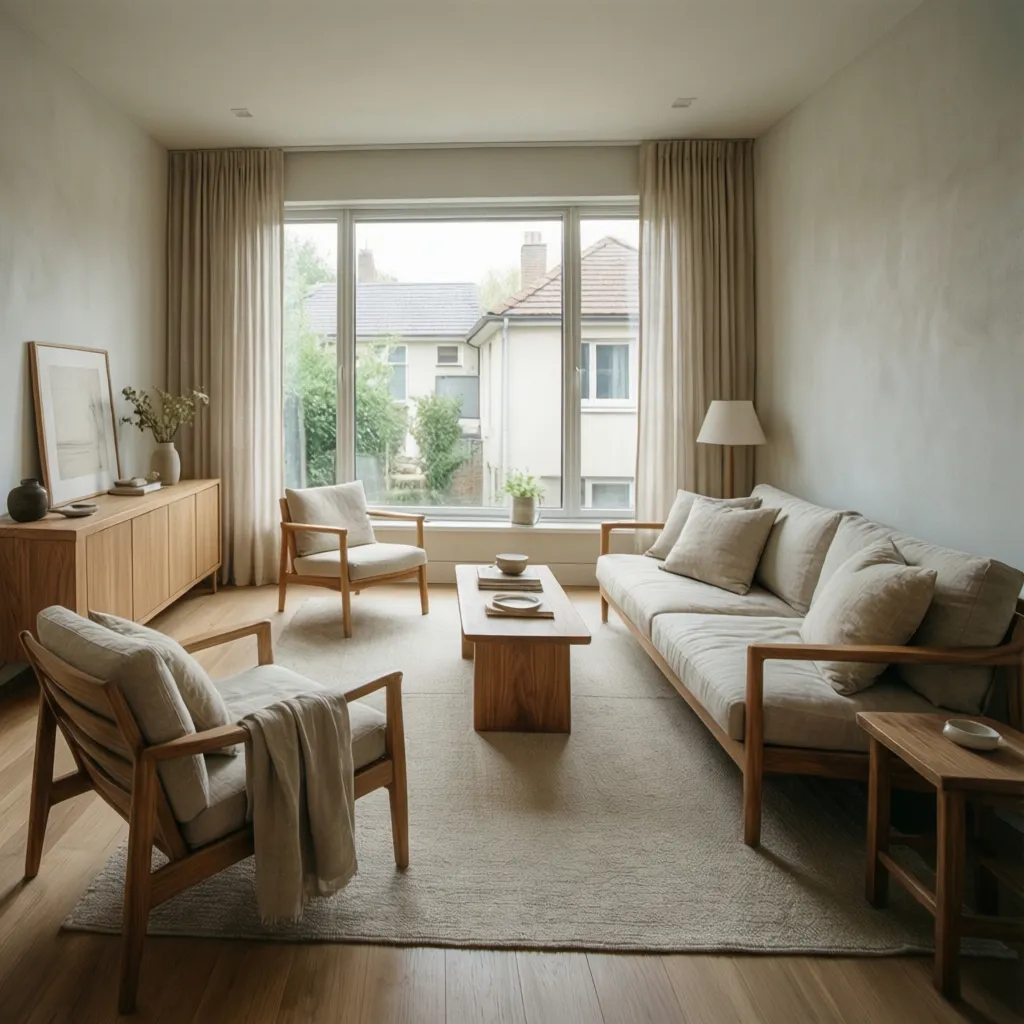 Interior minimalista con madera clara y textiles naturales