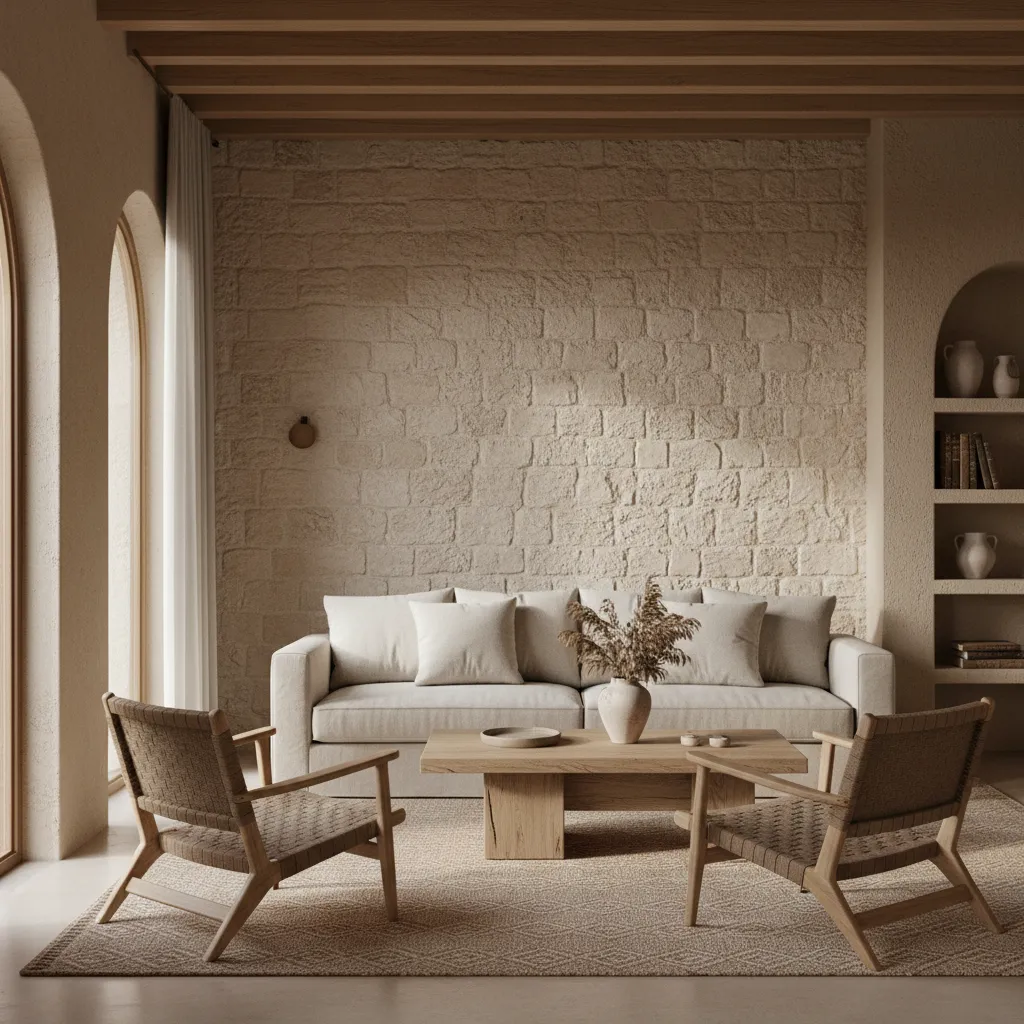 Interior minimalista mediterráneo con tonos arena y madera natural
