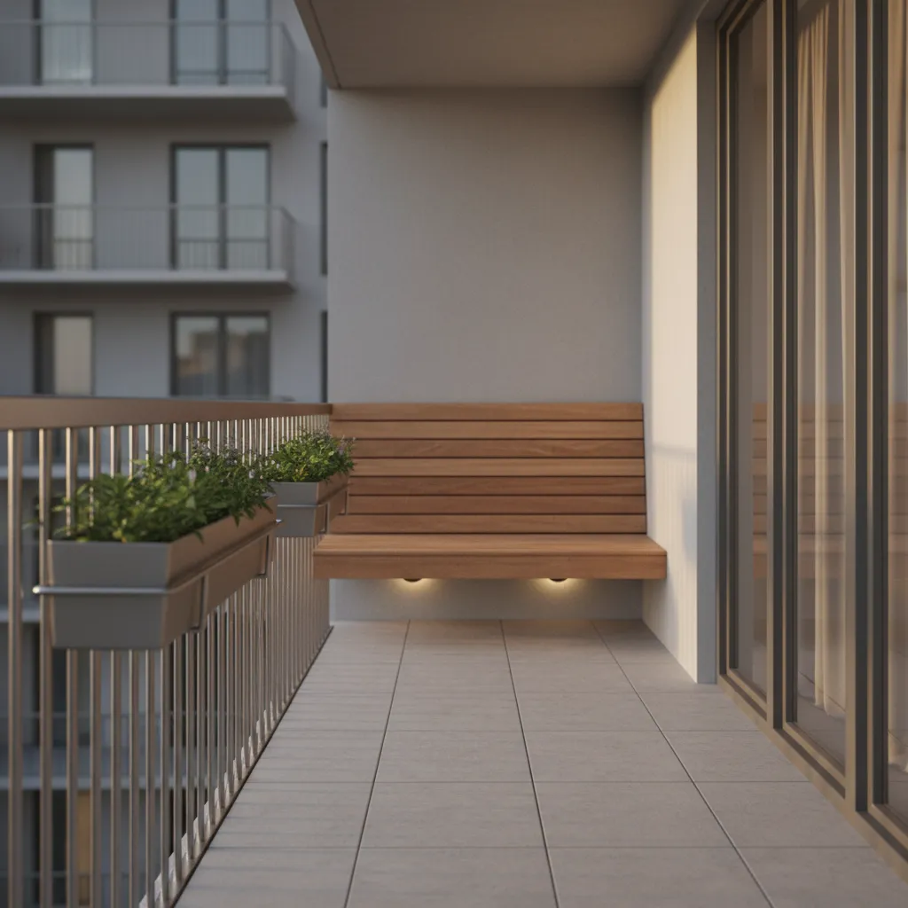 minimalist 3 ft balcony layout with bench and plants