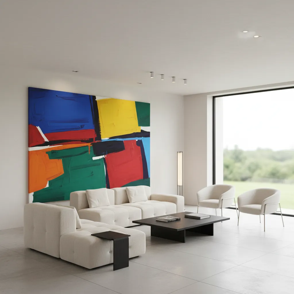 Interior minimalista con arte mural colorido