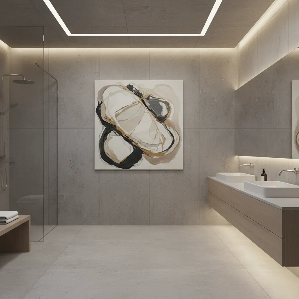Minimalist abstract acrylic painting in a modern bathroom
