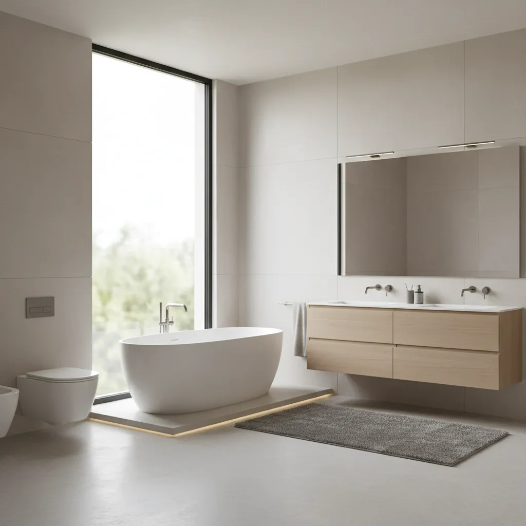 Minimalist slim aluminum window frame in modern bathroom