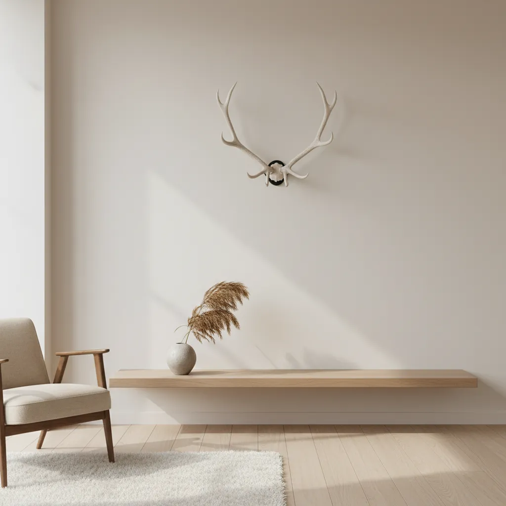 Minimalist wall with a single elk antler display and neutral modern decor