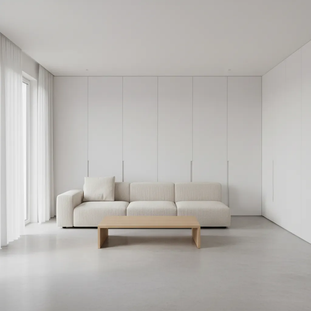 minimalist apartment living room with neutral palette and minimal furniture