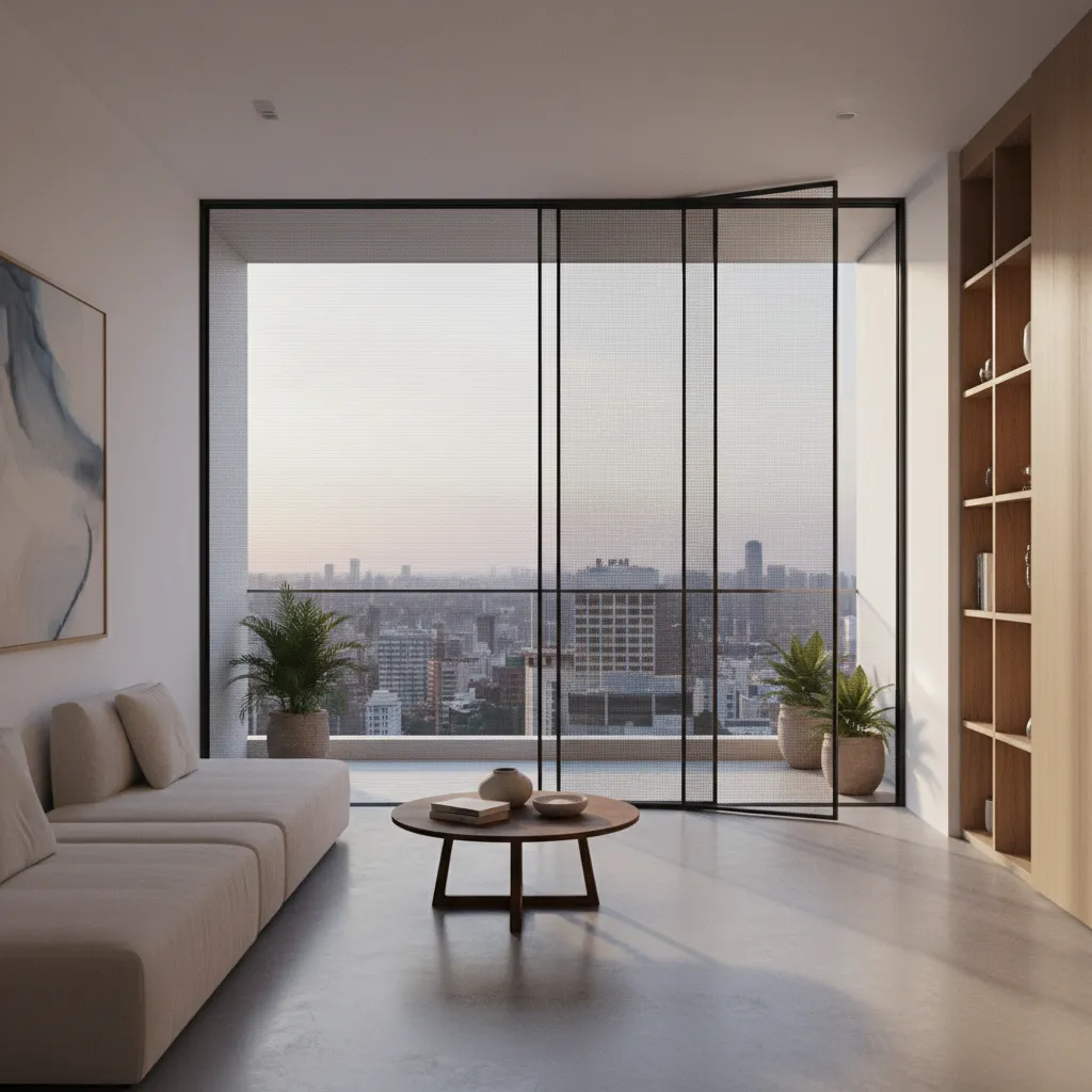 Minimalist slim frame balcony mesh door system with outdoor view