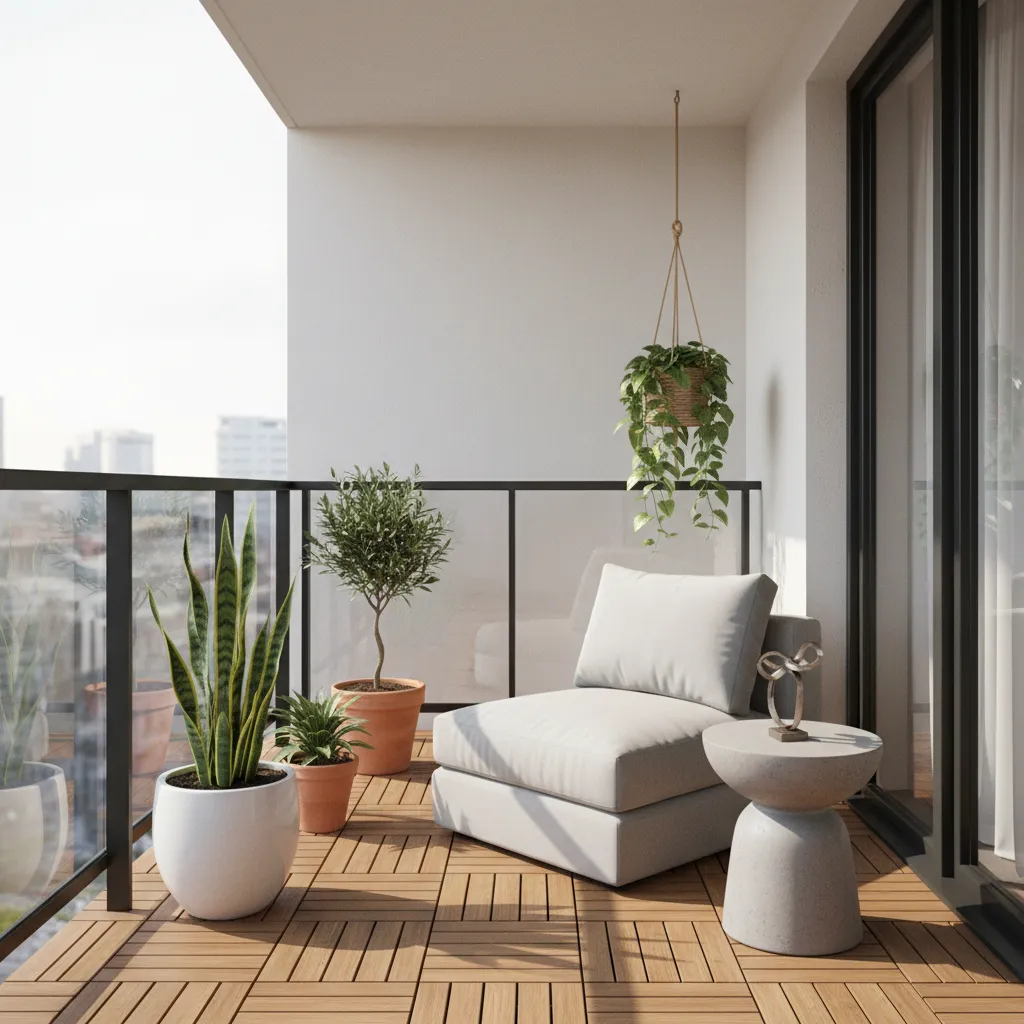 Minimalist balcony with wooden floor tiles white sofa chair side table and several potted plants