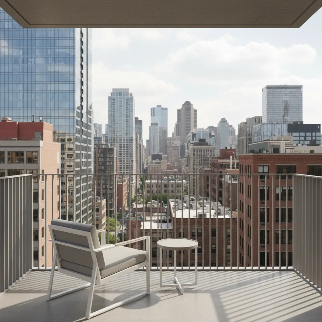 small apartment balcony with modern vertical metal grill railing