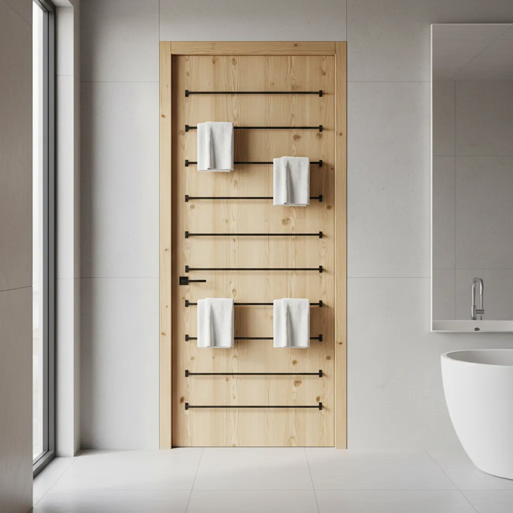 Minimalist bathroom door with symmetrical hooks for towels