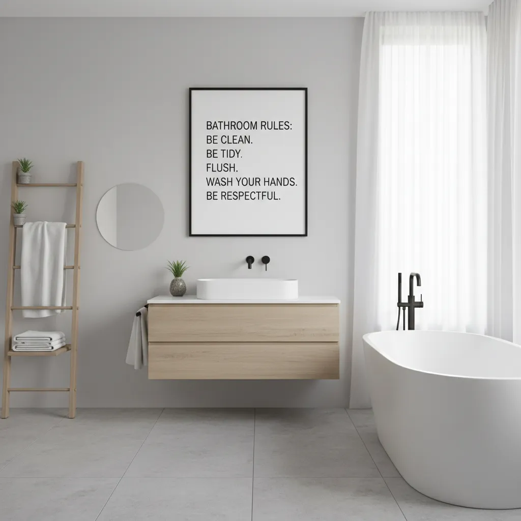Minimalist typography bathroom rules wall decor in black frame