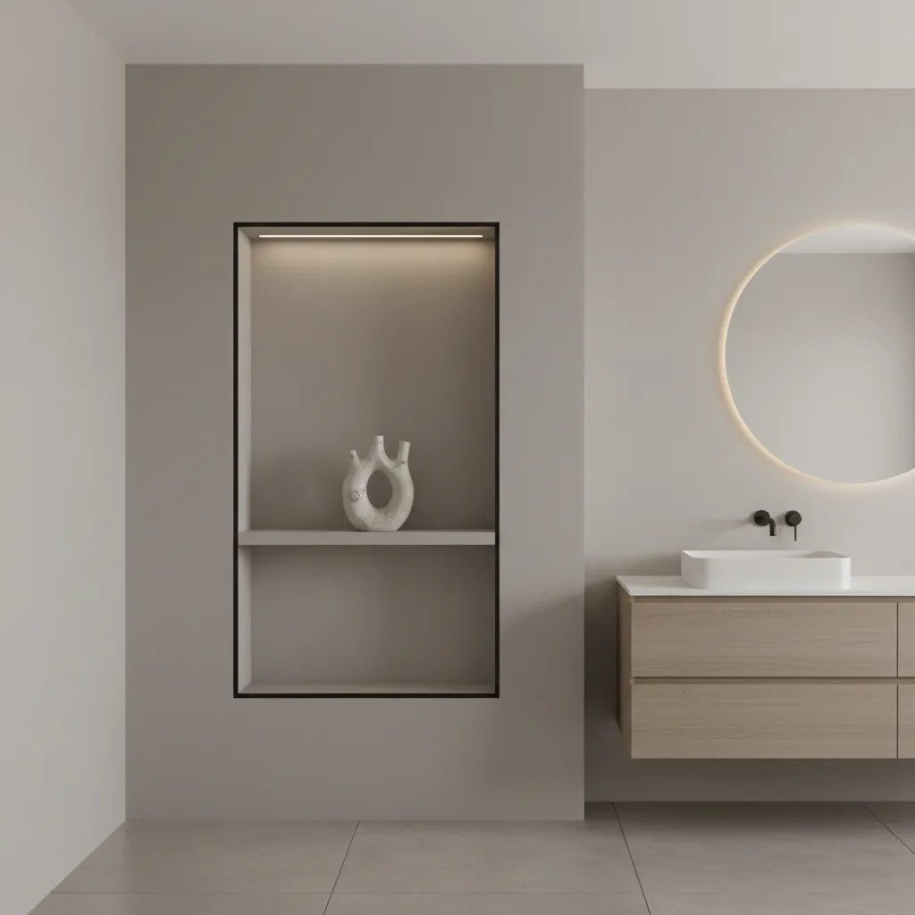 Minimalist bathroom shadow box with single ceramic object and black frame