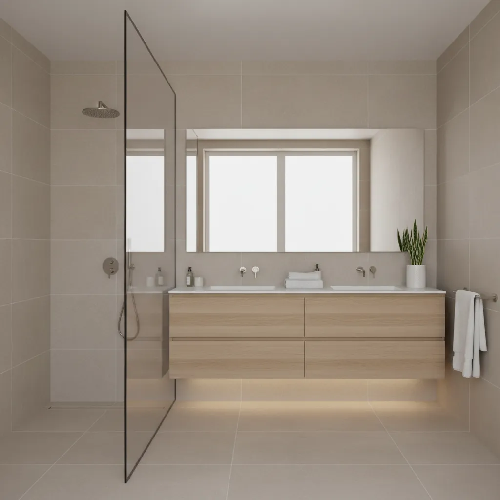 minimalist bathroom with glass shower partition and large tiles