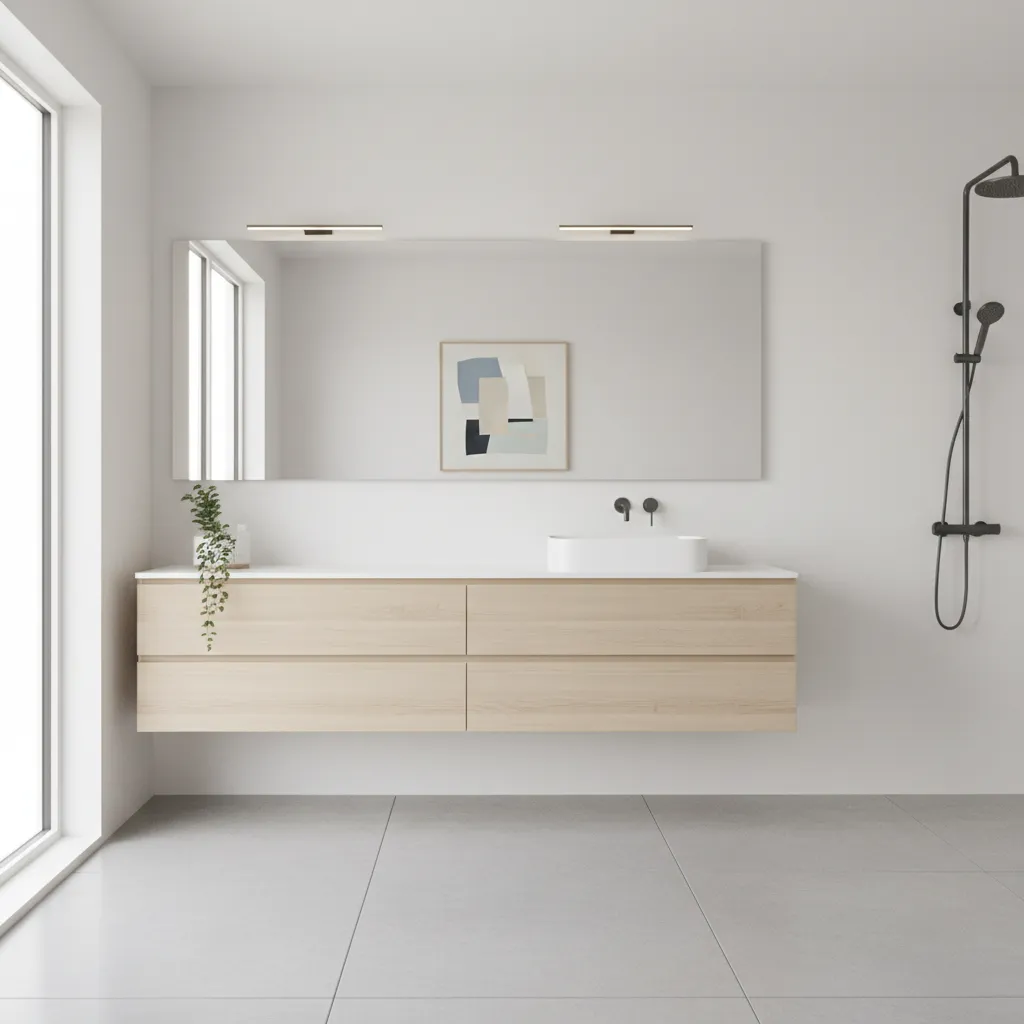 Minimalist Scandinavian bathroom with single abstract wall painting
