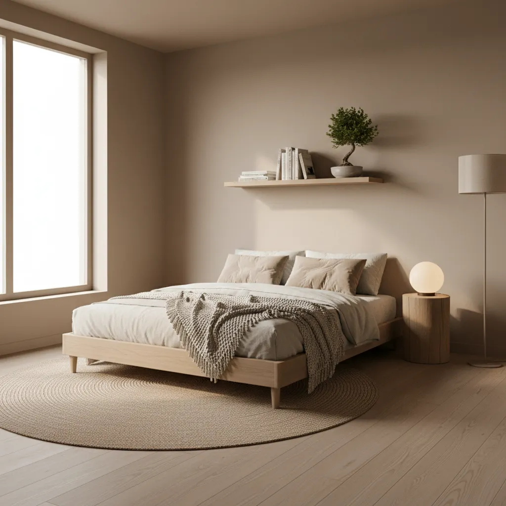 Coohom interior design drawing showing minimalist bedroom with wooden bed frame round rug and lamp