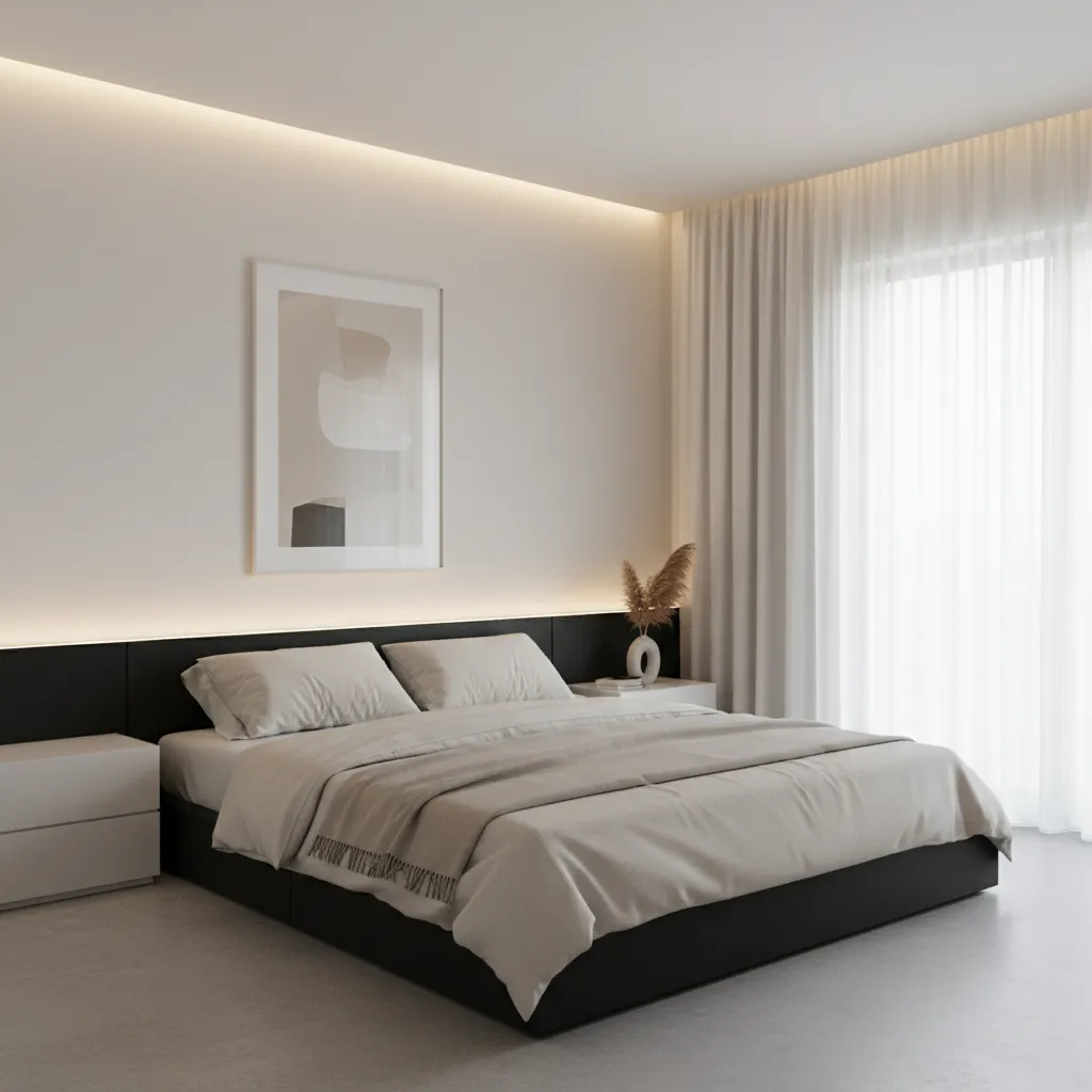 Minimalist bedroom with black furniture and white walls
