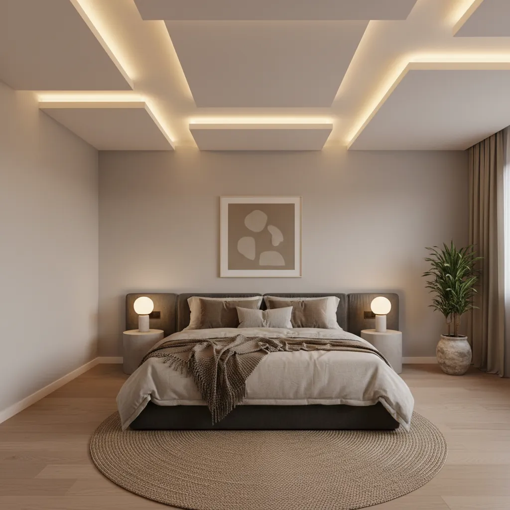 Dormitorio minimalista con techo simple e iluminación suave