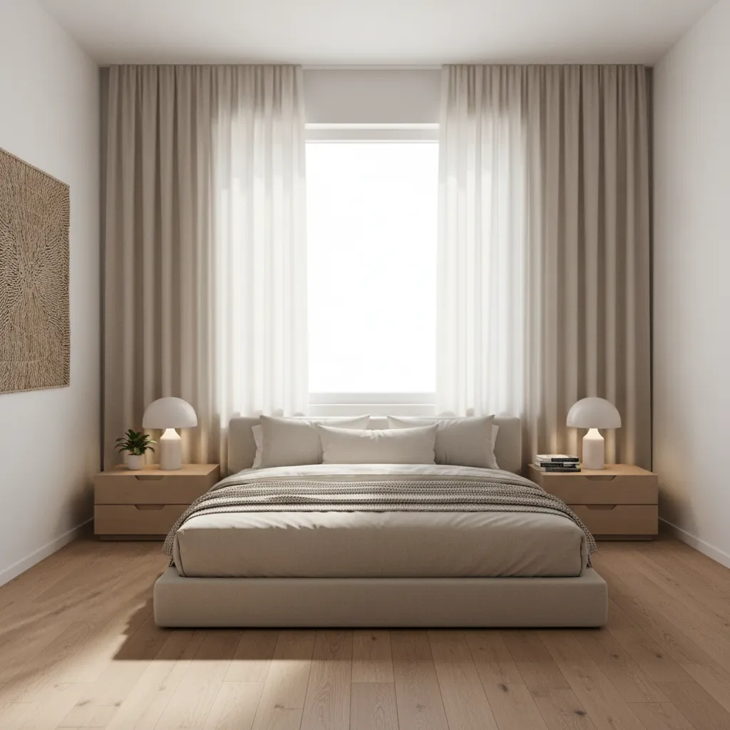 Minimalist bedroom decoration with neutral colors and balanced layout