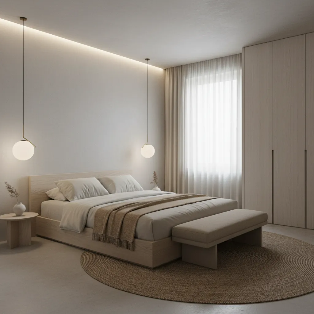 Dormitorio minimalista con cama baja, iluminación suave y decoración simple