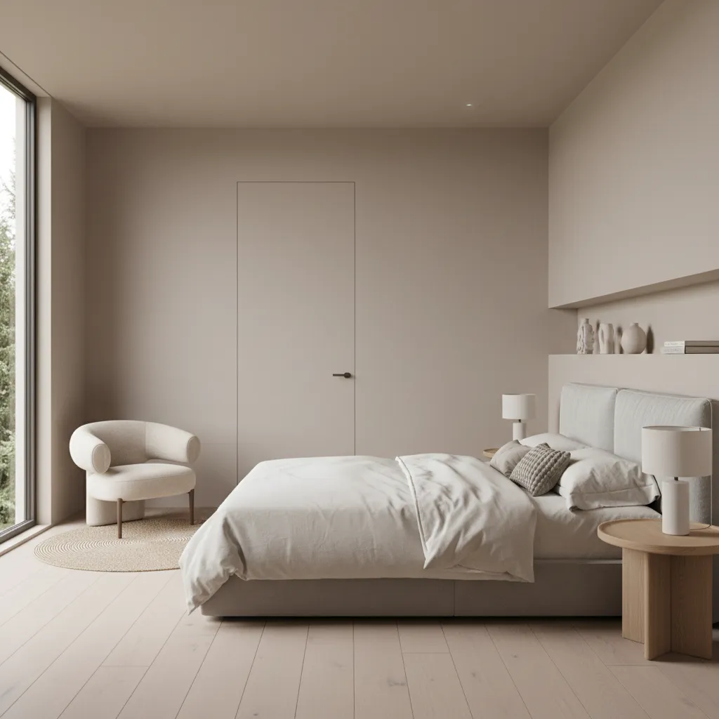 Minimalist bedroom with subtle painted door design blending into wall