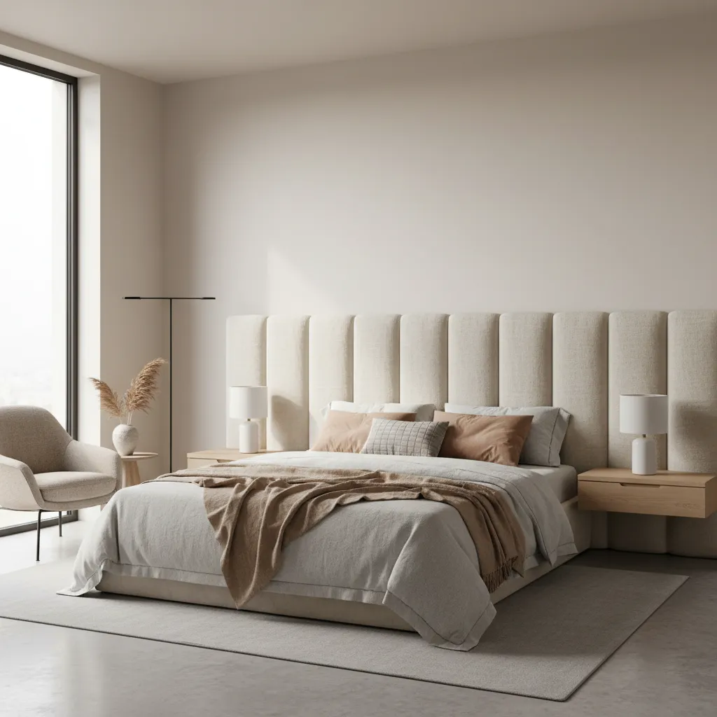 Dormitorio minimalista con cabecero destacado como punto focal