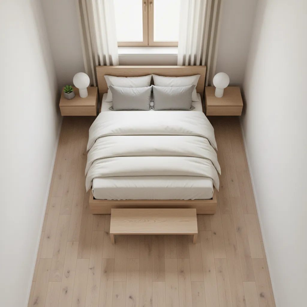 Minimalist bedroom layout showing bed placement and circulation space