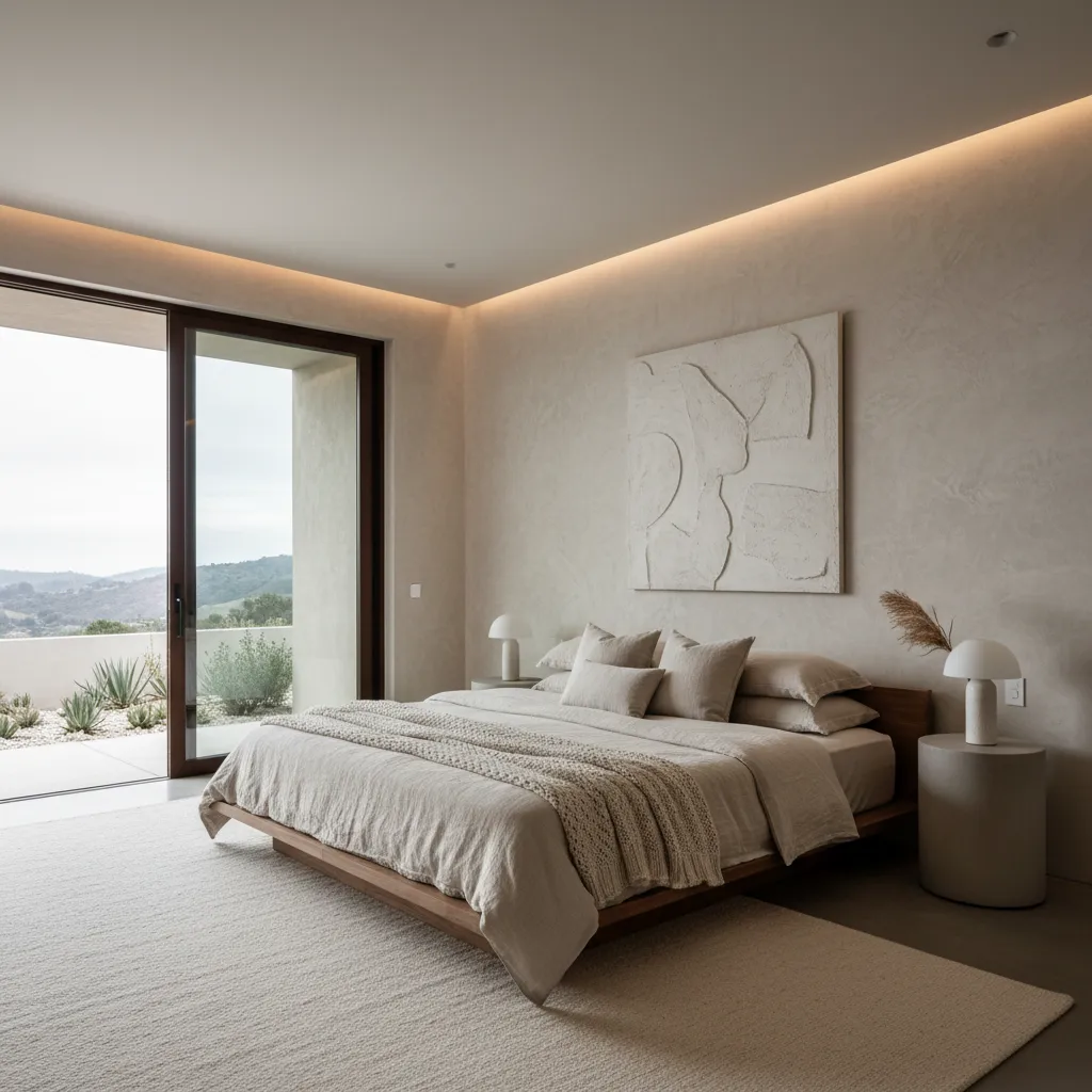 Dormitorio minimalista en tonos neutros