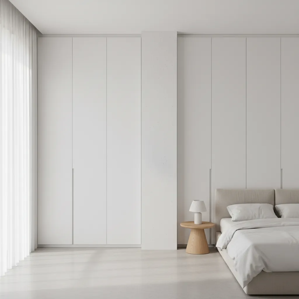 White minimalist bedroom with built in wardrobe square wall pillar small side table and light