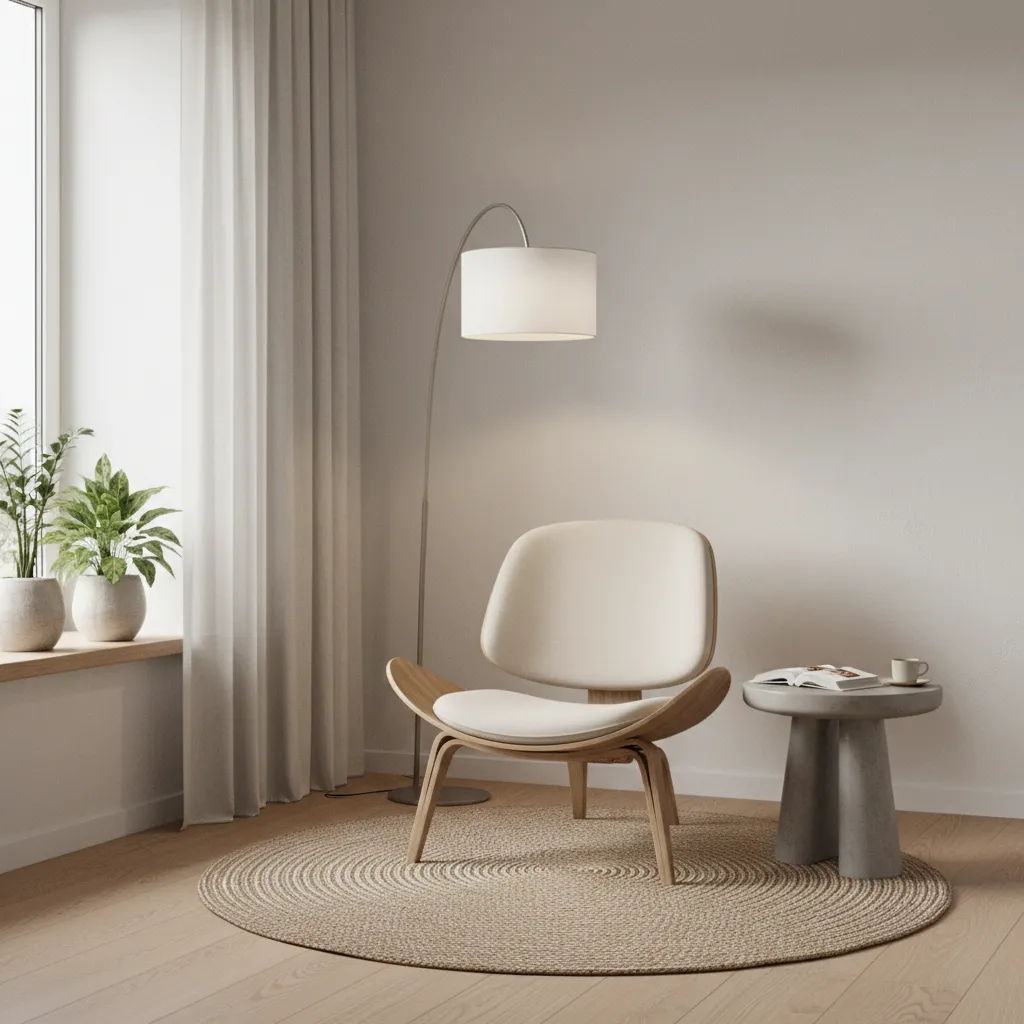 Minimalist bedroom layout with reading chair corner