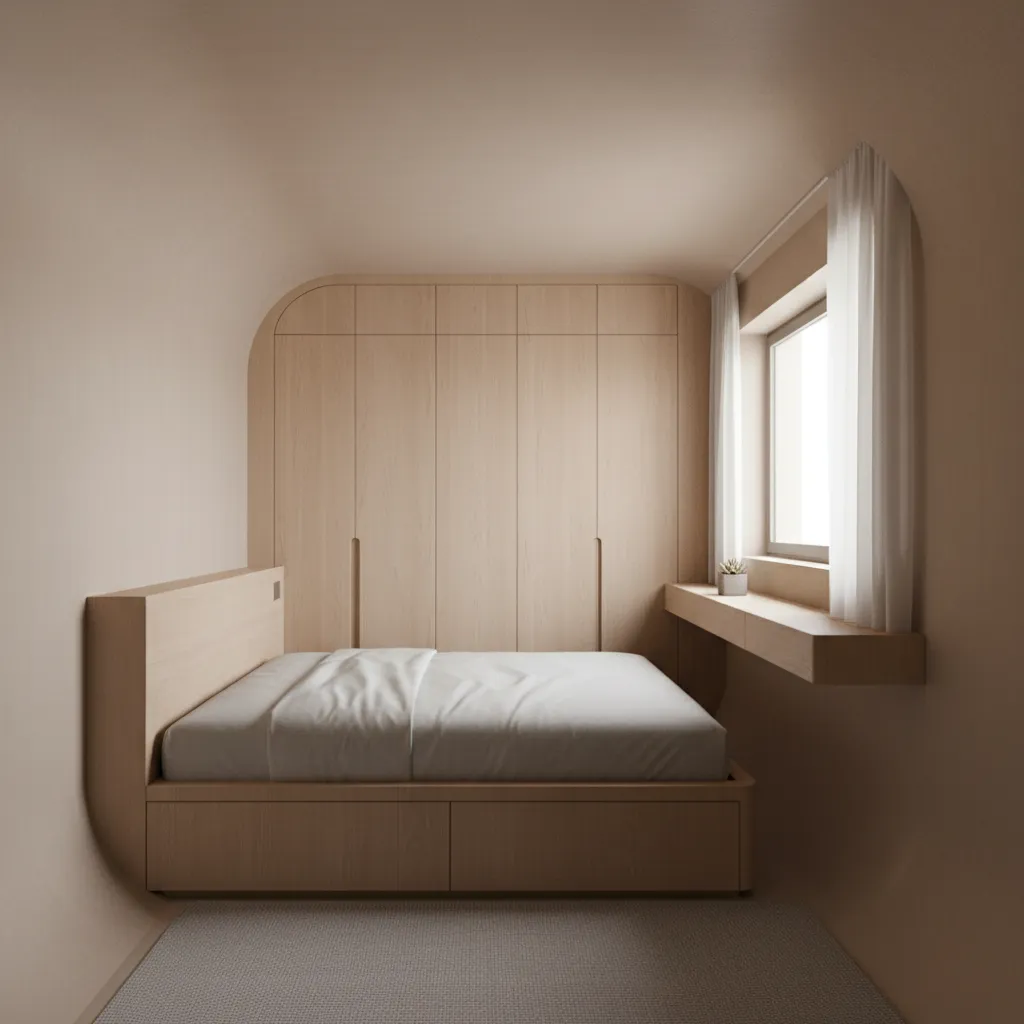 Minimalist wood bedroom featuring integrated storage bed, tall wooden cabinets, small window, and white curtains