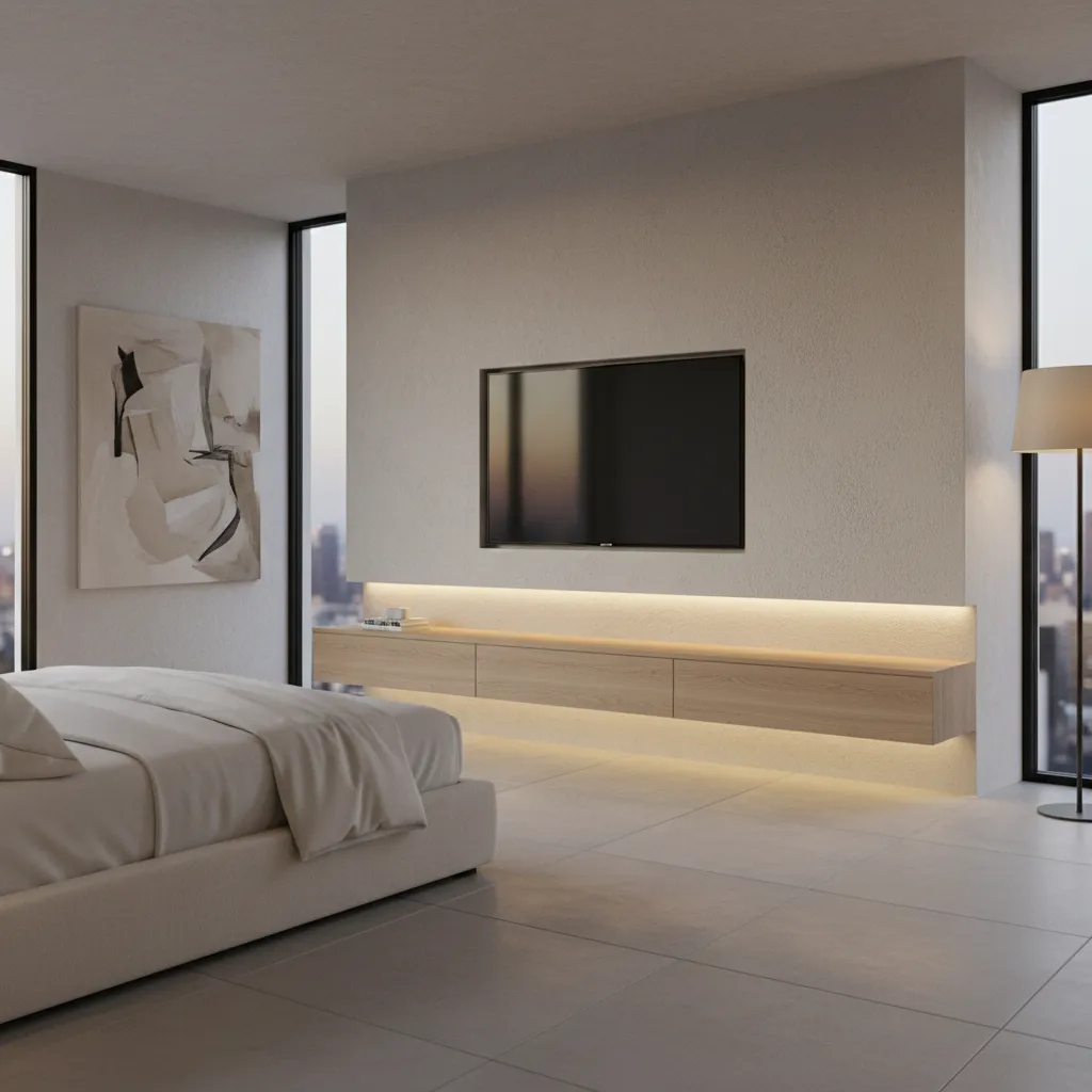 minimalist bedroom tv wall with floating console and hidden cables