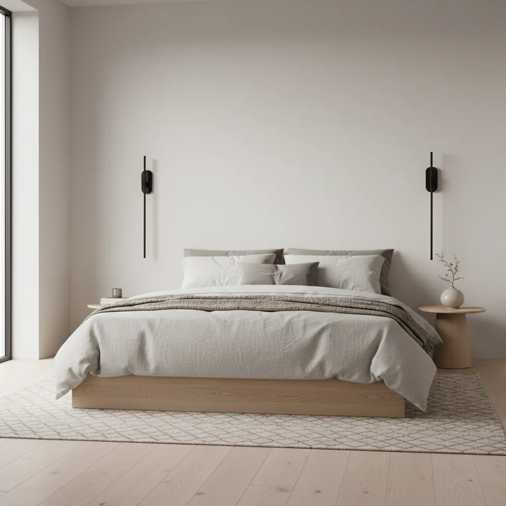 Minimalist bedroom with slim metal wall sconces beside a modern platform bed