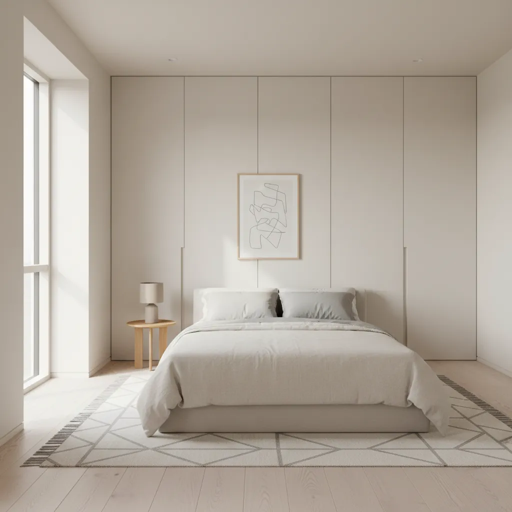 Minimalist bedroom with flush bifold closet doors painted same color as wall