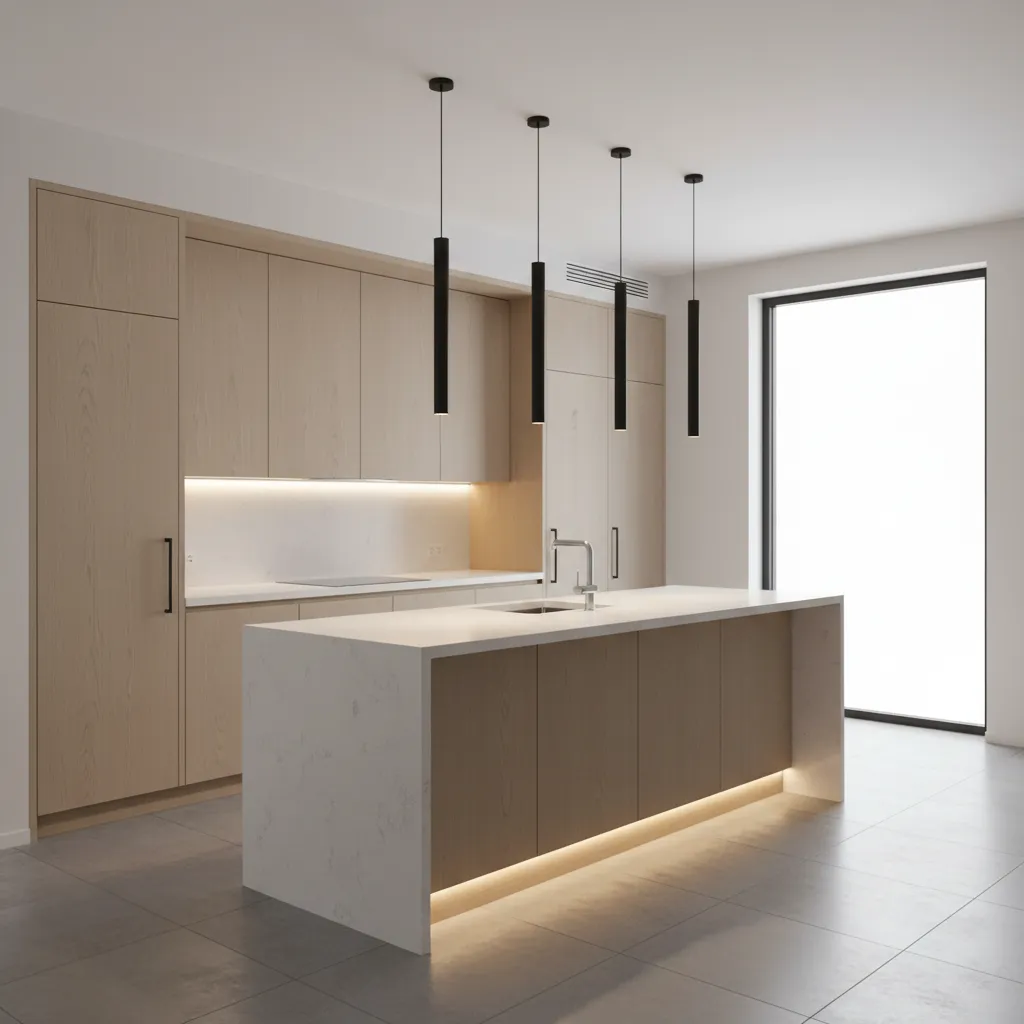 Minimalist slim black pendant lights in a contemporary kitchen