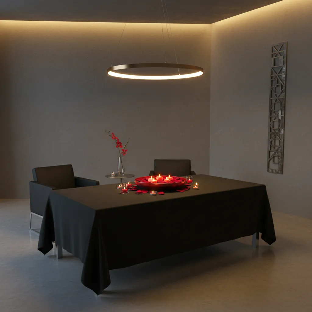 Minimalist black table with red centerpiece decoration in a compact party setting